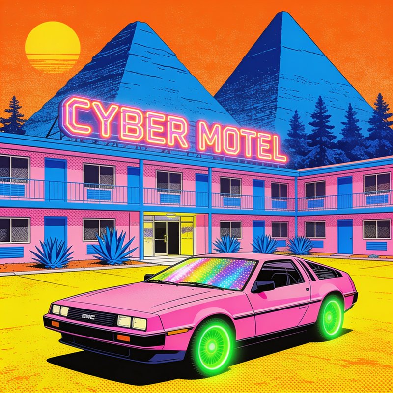 Synthwave illustration of a pink DeLorean parked in front of a neon-lit Cyber Motel with blue pyramids under an orange sun...