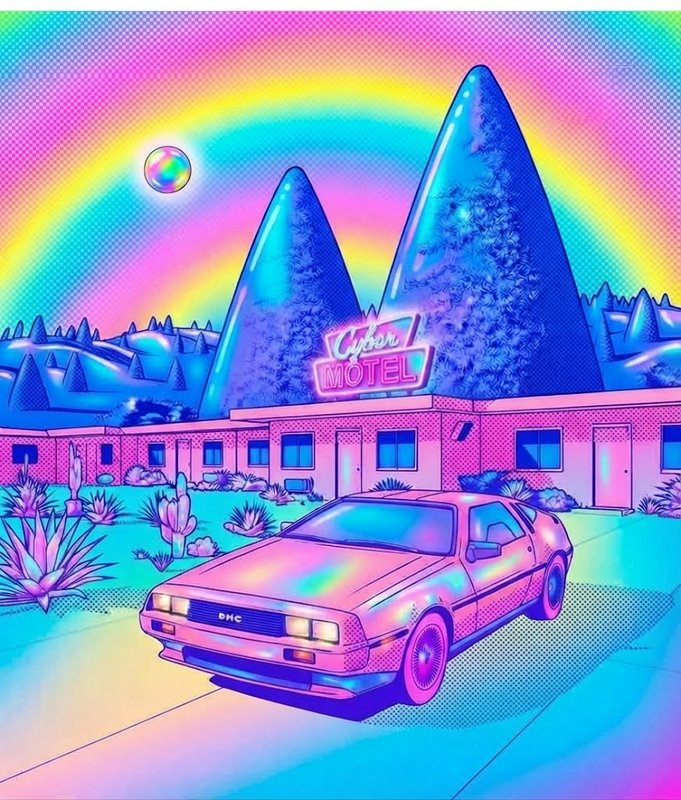 Vaporwave illustration of iridescent DeLorean parked outside glowing neon Cyber Motel under a rainbow gradient sky