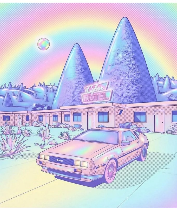 [Pastel vaporwave illustration of a DMC DeLorean parked outside a glowing neon "Cyber Motel" under a rainbow gradient sky]