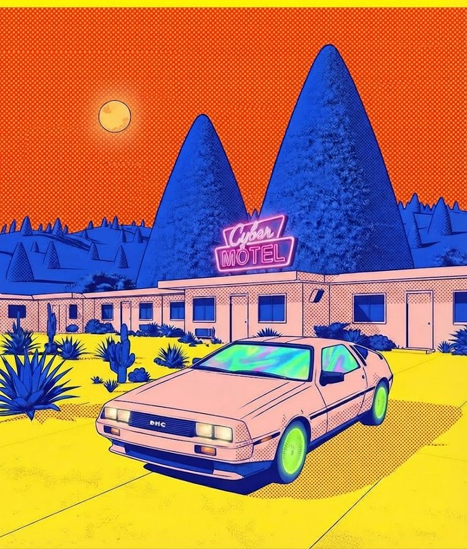 Retro synthwave illustration of a pink DeLorean parked outside a neon "Cyber Motel" in a sunlit stylized desert landscape