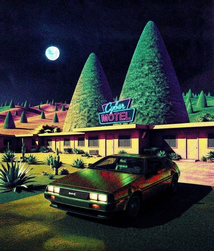 [Synthwave illustration of Cyber Motel at night, parked DeLorean, full moon, and stylized desert pine trees]