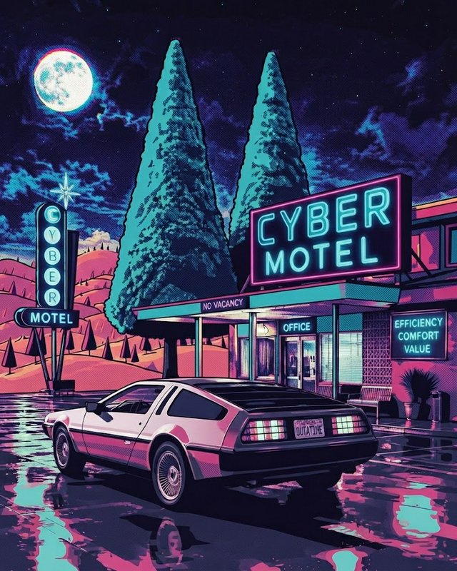 Synthwave illustration of neon-lit Cyber Motel with a DeLorean-style car parked under a full moon night sky