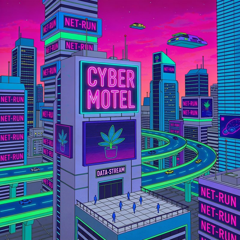 [Neon cyberpunk cityscape with glowing "Cyber Motel" sign, flying hover cars, elevated highways, and gradient pink-purple ...