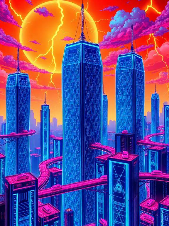 [Neon cyberpunk futuristic city with glowing blue skyscrapers, pink elevated highways, giant orange moon and lightning sto...