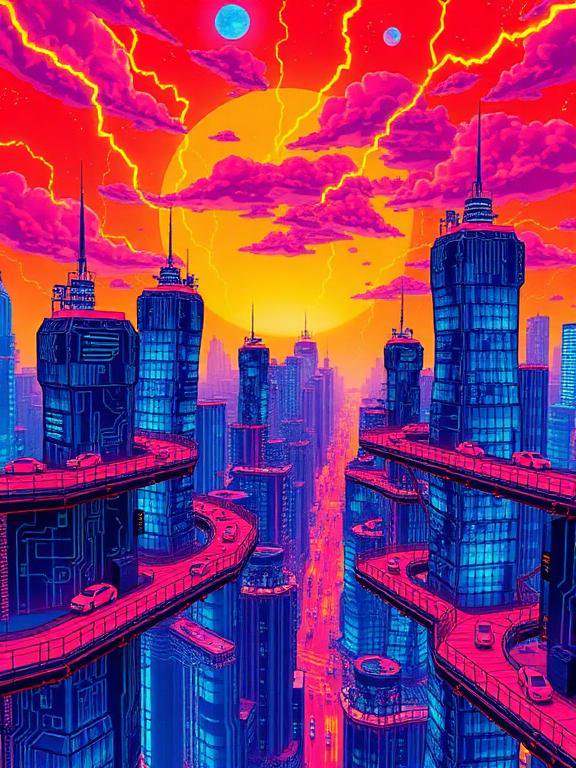 [Vibrant cyberpunk futuristic cityscape with neon skyscrapers, elevated roadways, crackling lightning, and a fiery glowing...