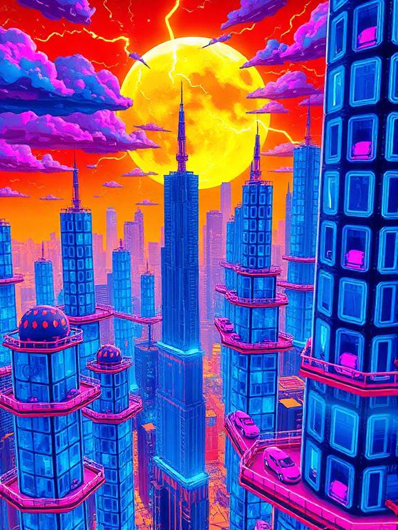 [Vibrant neon cyberpunk cityscape with glowing blue skyscrapers, giant yellow moon, lightning, and magenta storm clouds in...