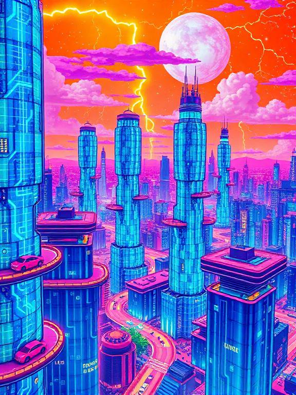 Vibrant retro-futuristic cyberpunk cityscape with glowing blue skyscrapers, orange storm sky, lightning, and large full moon.