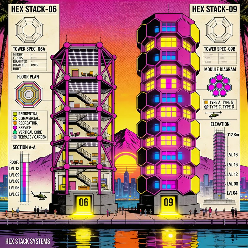 [Retro-futurist Hex Stack modular skyscraper concept, neon tower designs with technical blueprints against a vibrant sunse...