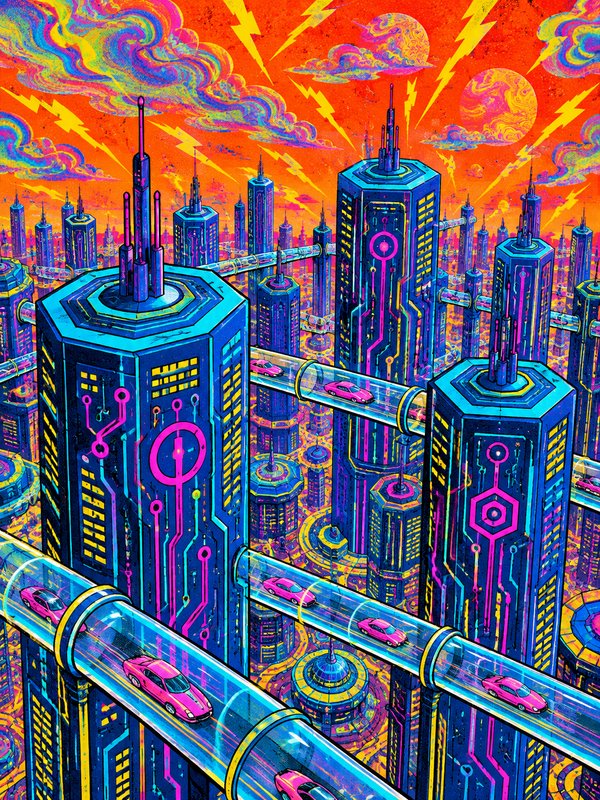 [Psychedelic cyberpunk cityscape: neon skyscrapers, glass tube highways, pink cars, orange sky with lightning and swirling...