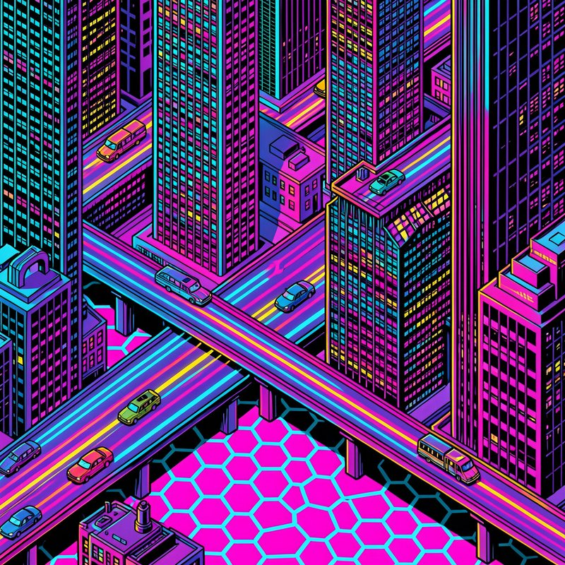 [Isometric neon cyberpunk cityscape with elevated highways, skyscrapers, and moving cars in a vibrant retro-futuristic col...