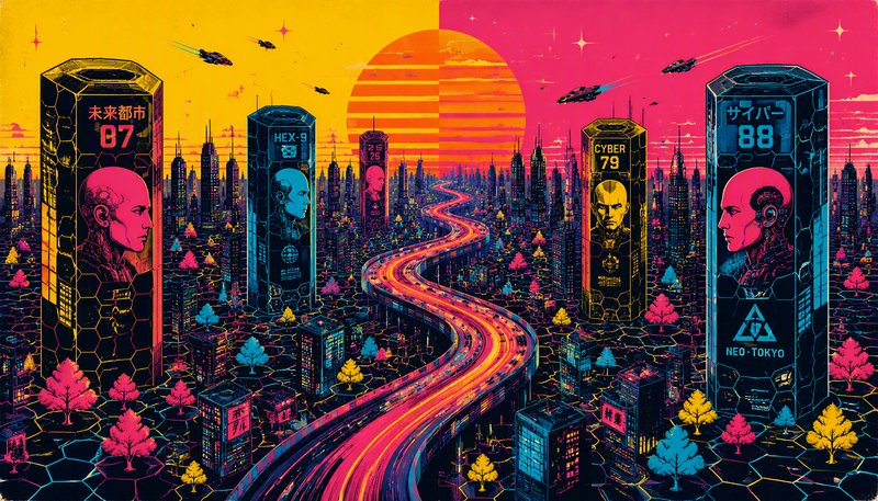 [Retro-futuristic cyberpunk Neo-Tokyo cityscape, cyborg skyscrapers, glowing highway, flying craft, split neon sunset sky]
