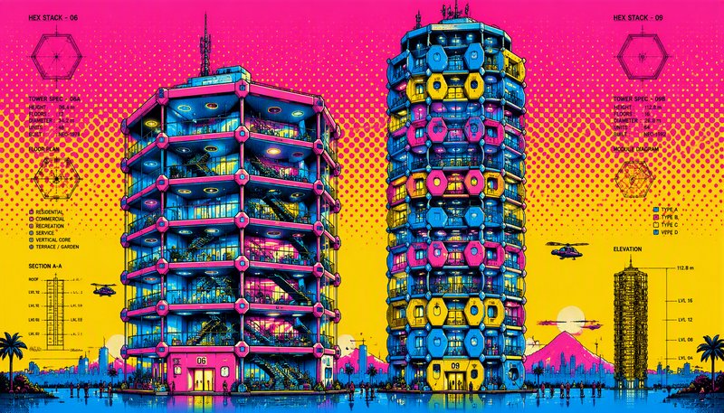 [Colorful pop art cyberpunk illustration of modular hexagonal futuristic skyscrapers with architectural schematics against...