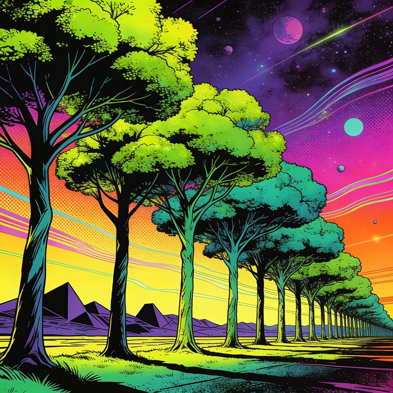 [Surreal pop art landscape of lined fantasy trees under a neon cosmic alien sky with distant purple pyramids]