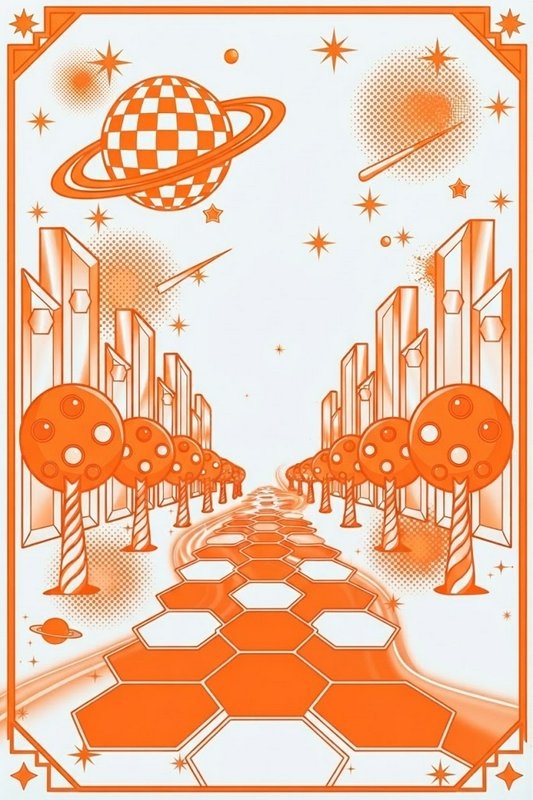 [Retro futurist orange line art illustration of a cosmic alien city street, with ringed checkered Saturn and starry sky in...