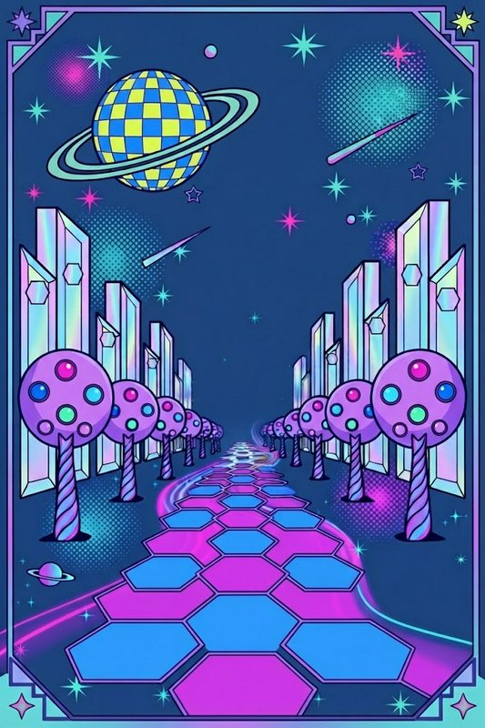 [Retro futurist cosmic fantasy street lined with crystal skyscrapers, gem trees, and a ringed checkered planet in a starry...