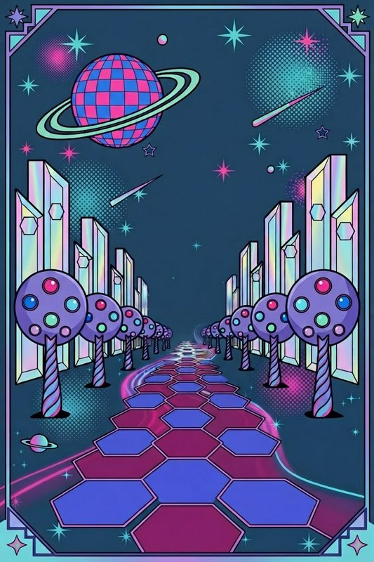 [Decorative retro-futurist tarot card illustration of a cosmic alien city street under a ringed disco-style planet, pastel...