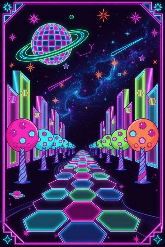 [Neon retro-futurist cosmic cityscape with glowing hex path, lollipop trees, ringed disco planet over starry space sky]