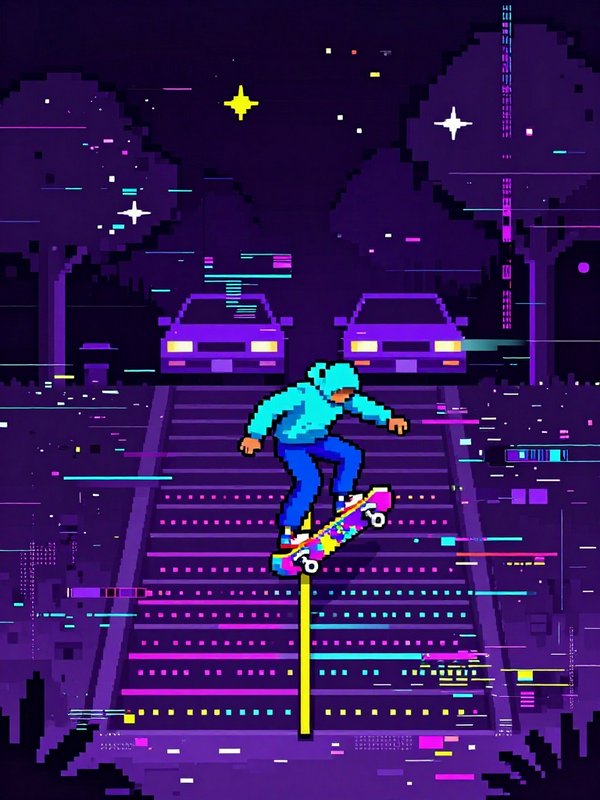 Pixel art skateboarder performing a rail grind on neon lit stairs in a glitchy retro purple night street scene