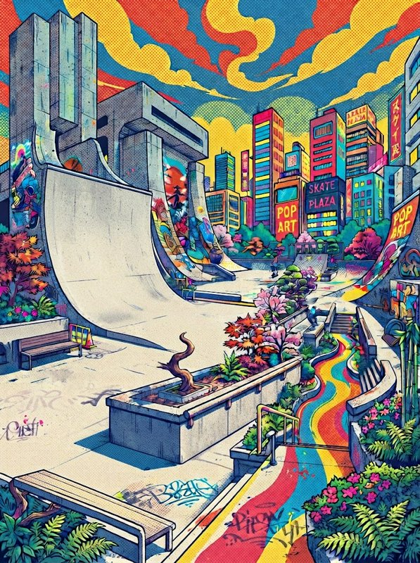 Vibrant pop art illustration of an urban skate park plaza with half pipes, colorful city skyline and stylized swirly sky