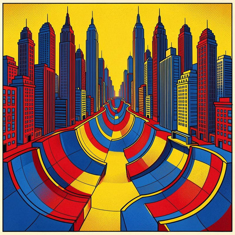 Surreal pop art illustration of a curved warped city street lined with colorful art deco skyscrapers under a bright