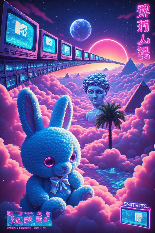 Surreal vaporwave art of a fluffy blue plush bunny, CRT TV bridge, pink cloud landscape, and neon cosmic retro sky