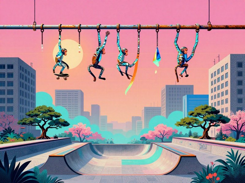 Surreal pastel illustration of patterned monkeys hanging from a bar above a city skate park at sunset