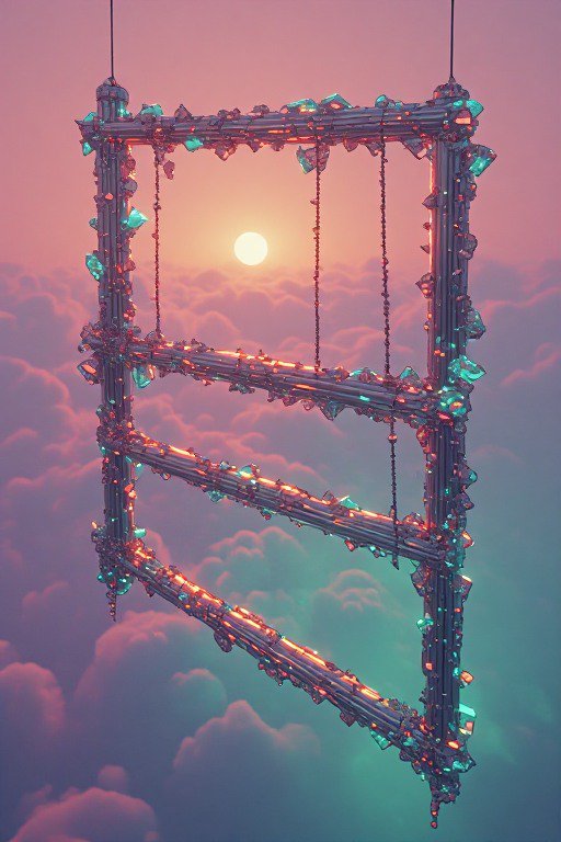 Floating crystal-encrusted suspended frame hangs above fluffy clouds against a soft pink-teal gradient sunset sky