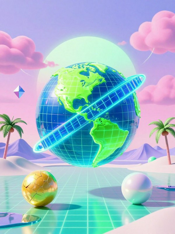 3D vaporwave render of a glowing wireframe Earth floating above a whimsical pastel retro tropical surreal landscape