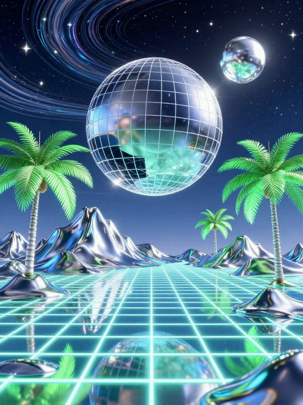 Surreal vaporwave 3D landscape with floating wireframe sphere, neon grid floor, palm trees, metallic mountains and