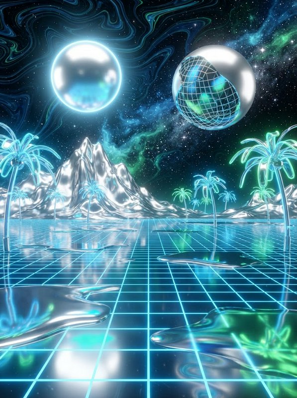 Surreal vaporwave 3D landscape with neon grid floor, chrome mountains, glowing palm trees, floating orbs under a