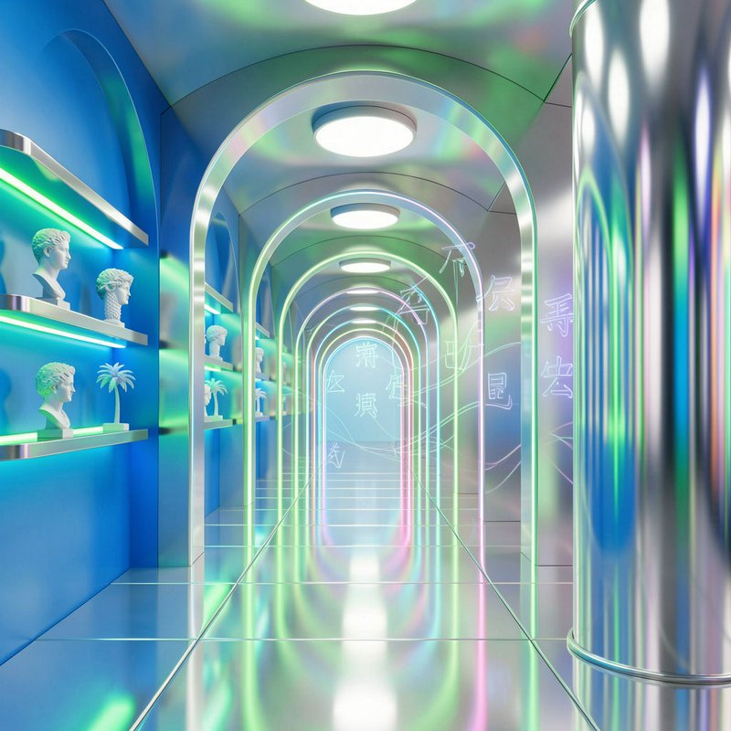 Symmetrical futuristic vaporwave hallway with glowing neon arches, classical bust displays, reflective glossy flooring