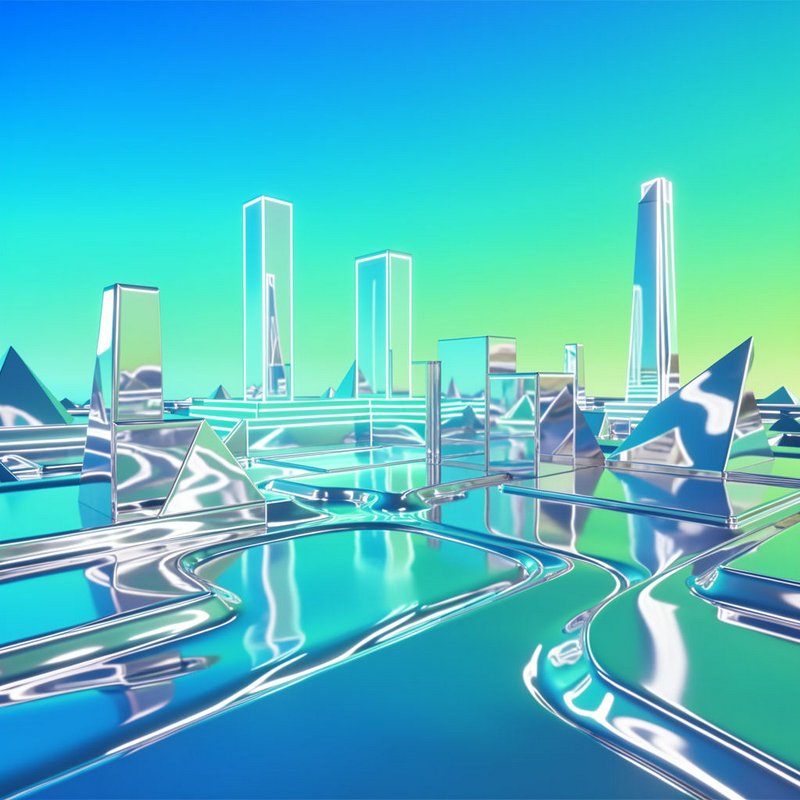 Reflective chrome futuristic synthwave cityscape with geometric skyscrapers against a blue to green gradient sky.