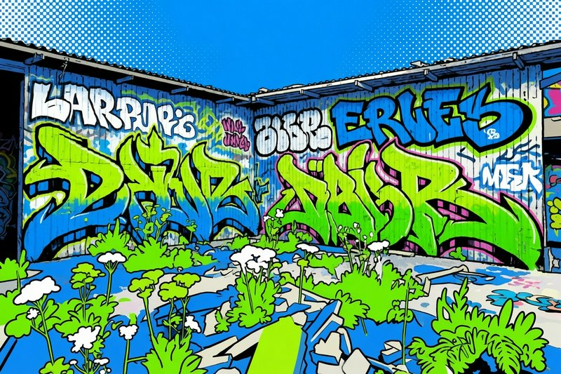 Pop art illustration of bright wildstyle graffiti mural on an abandoned warehouse, overgrown with weeds under a