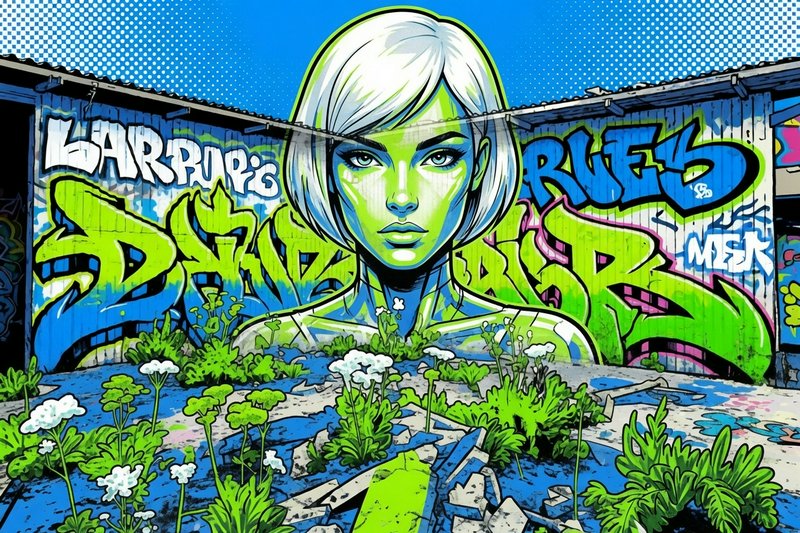 Pop art street mural of a green-toned white-haired woman above an overgrown abandoned lot covered in bright graffiti tags