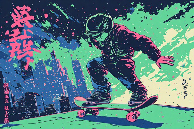 Vibrant retro anime illustration of a skateboarder mid-trick against a neon city skyline with Japanese graphic accents