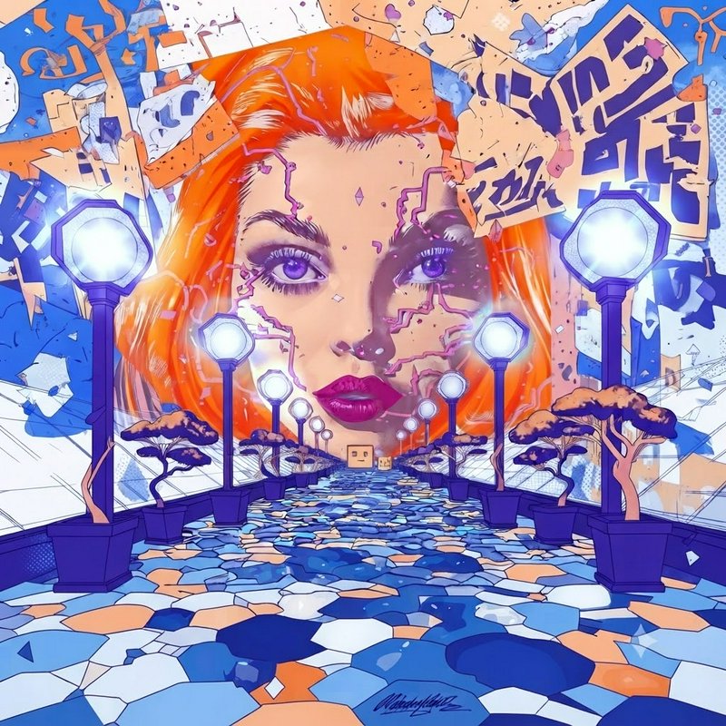 Surreal pop art of a giant orange-haired woman's face floating above a symmetrical tiled street lined with glowing