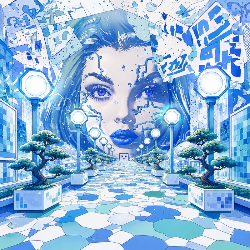 Surreal glitch art illustration of a giant ethereal woman's face hovering over a symmetrical futuristic walkway lined