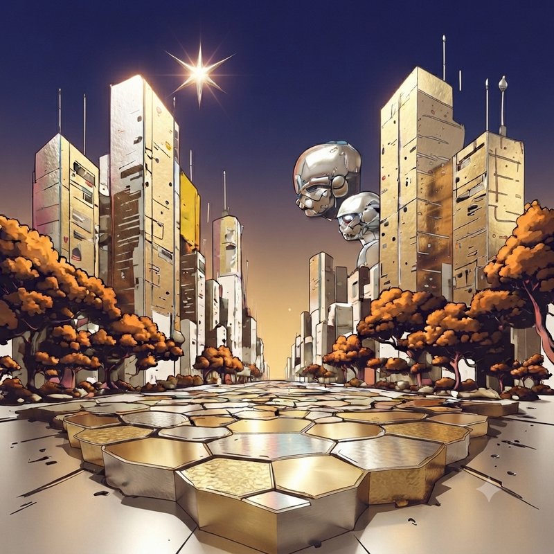 Anime-style surreal futuristic city with floating robot heads, golden skyscrapers, autumn trees, and a starburst dusk sky