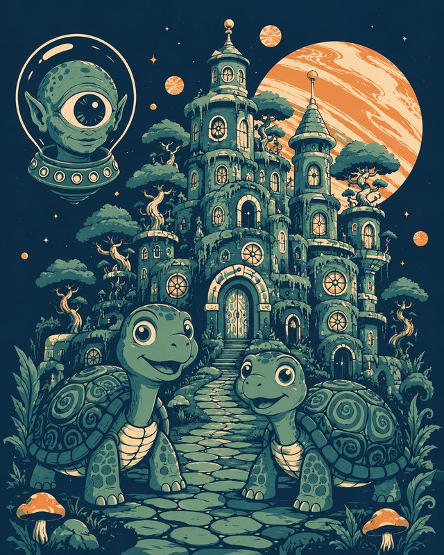 Whimsical alien landscape with smiling cartoon turtles, mossy fairytale castle, one-eyed space alien, and orange gas