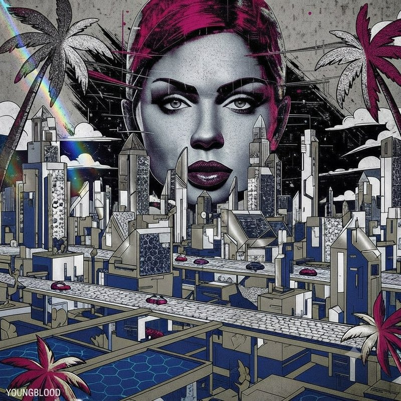 Surreal illustration of a stylized woman's face looming over a retro-futuristic geometric city with palm trees and rainbow