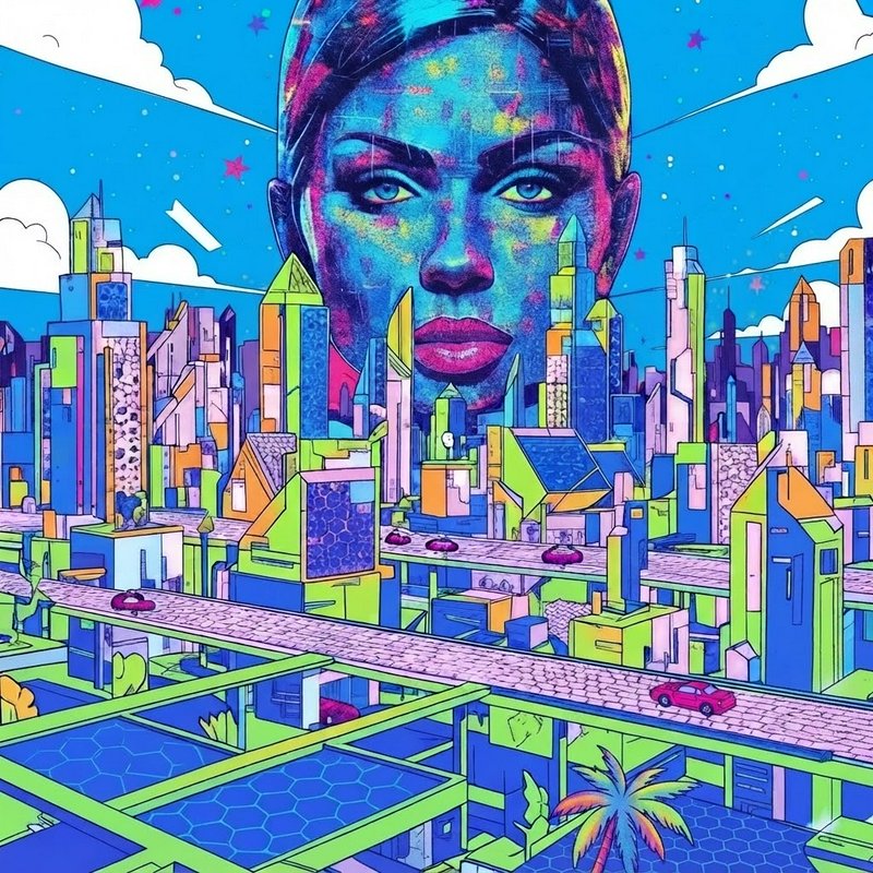 Surreal pop art futuristic cityscape with a giant colorful woman's face looming over neon skyscrapers under a bright