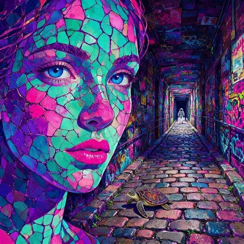 Surreal vibrant mosaic female face beside a graffiti covered cobblestone alley, with a sea turtle and distant astronaut