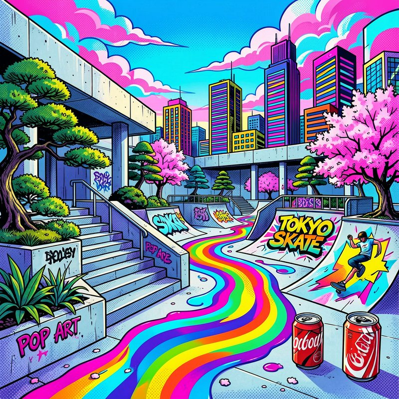 Vibrant pop art illustration of a Tokyo skate park with rainbow path, skater, cherry blossoms, and neon graffiti details