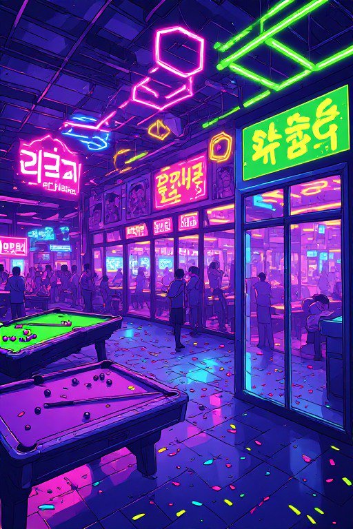 Vibrant neon cyberpunk billiards arcade with glowing signs, foreground pool tables, and crowds of patrons