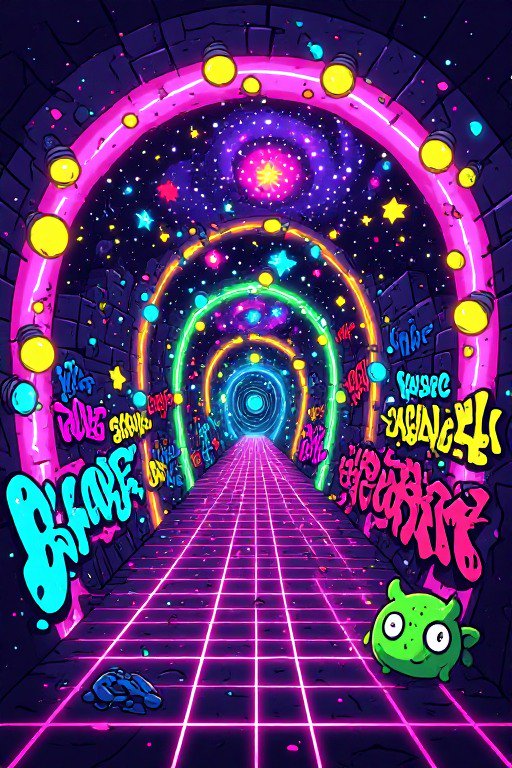 Glowing neon graffiti tunnel with pink grid walkway, cute green cartoon alien, and starry cosmic galaxy backdrop