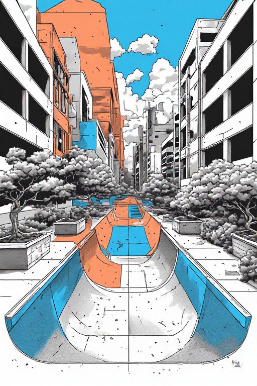 Bold line art illustration of a narrow urban city canal, lined with mid-rise buildings and sculpted topiary under a