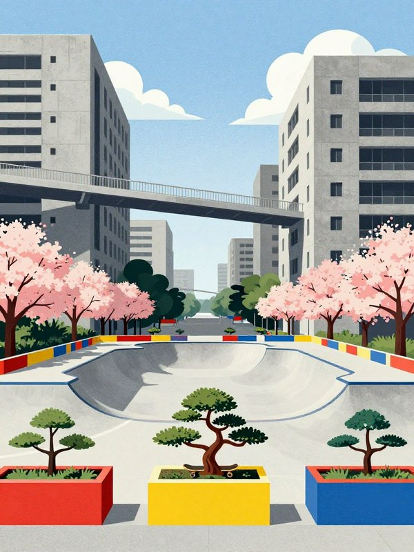 Stylized flat illustration of an urban skate park bowl framed by pink cherry blossom trees and concrete apartment towers