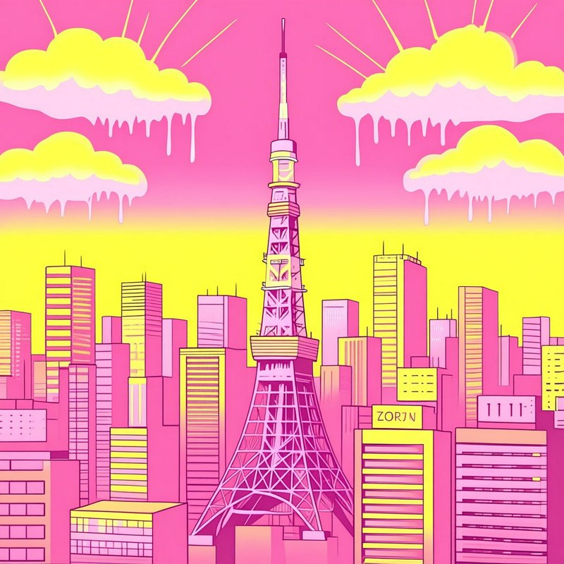 Vibrant pop art Tokyo cityscape illustration with pink Tokyo Tower, dripping melting clouds, bright pink and yellow