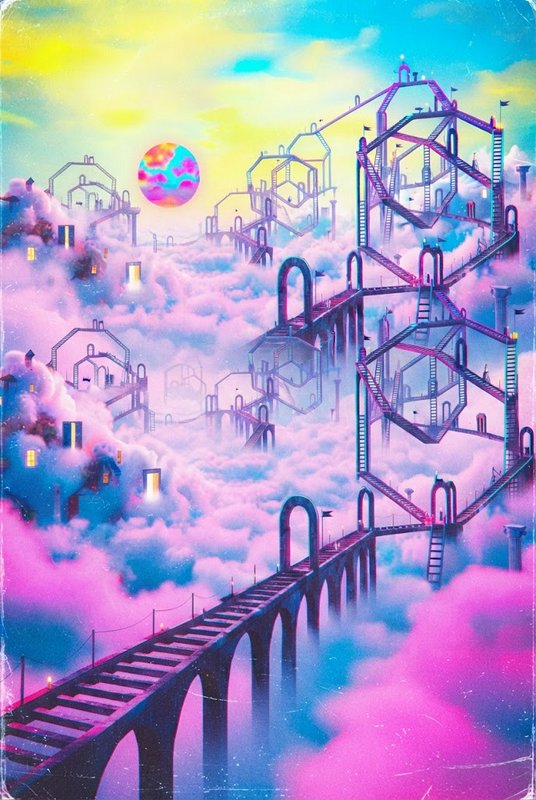 Surreal floating cloud city with winding stair bridges, pastel pink clouds, and glowing alien orb in a bright gradient sky