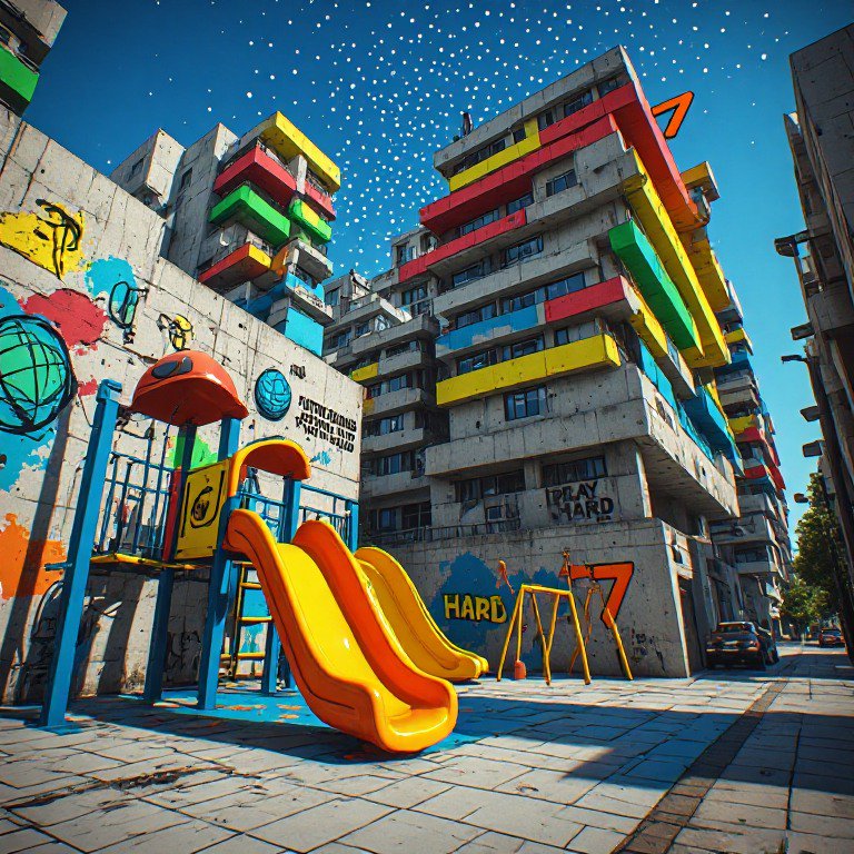 Surreal colorful brutalist apartment complex with bright playground under dotted vivid blue sunny sky